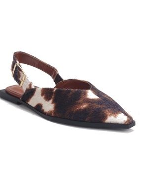 Brown and White Faux Cowhide Slingback Snip Toe Flats